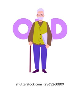 Pensioner man with a stick cartoon portrait. Smiling gray-haired elderly man with beard and glasses. Vector illustration isolated on white background with lettering