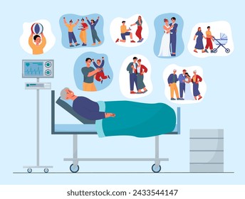 Pensioner with memories of life. Elderly man in hospital ward think about his life. Pictures and scenes from lifeline of grandfather. Cartoon flat vector illustration isolated on blue background