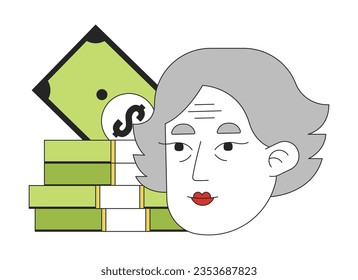 Pensioner money flat line concept vector spot illustration. Old asian woman face 2D cartoon outline character on white for web UI design. Editable isolated color hero image