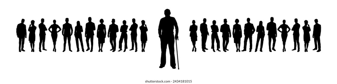 Pensioner old man standing in front of large group of business people silhouette.	