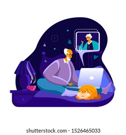 Pensioner old man talking to his darling using laptop sitting on bed Grandfather mastering computer and Internet Virtual chat and correspondence online conversation icons Flat vector illustration