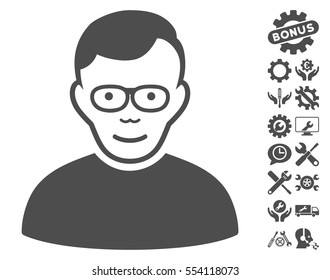 Pensioner pictograph with bonus setup tools clip art. Vector illustration style is flat iconic gray symbols on white background.