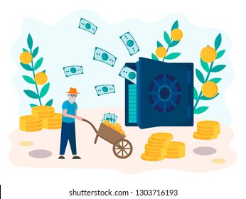 A pensioner pushing a cart with coins, close the safe open with fluttering bills, the concept of a secure old age, retirement savings.