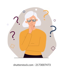 Pensioner In Quandary. Confused Grandmother Props Up His Head With His Hand, Trying To Remember. Sick Elderly People, Alzheimers And Brain Dysfunction, Amnesia. Cartoon Flat Vector Illustration