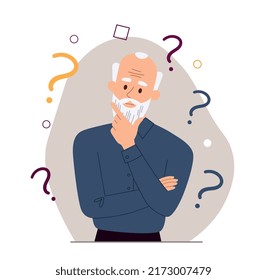 Pensionista en dilema. Abuelo buscando una respuesta a la pregunta o tratando de recordar algún hecho. Enfermedades de ancianos, Alzheimers y amnesia. Dificultades importantes. Dibujo vectorial plano de dibujos animados