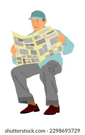 Pensioner read newspapers vector illustration isolated on white background. Senior relaxing. Retail old man reading magazine. Grandpa veteran spend free time. Life insurance. Mature person informing.