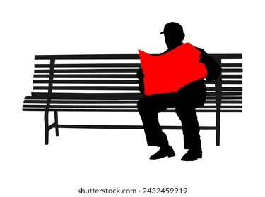 Pensioner reading newspapers on the bench in park vector silhouette isolated on white background. Senior lonely man relaxing outdoor. Retail mature veteran. Grandpa in public, free time, waiting lunch