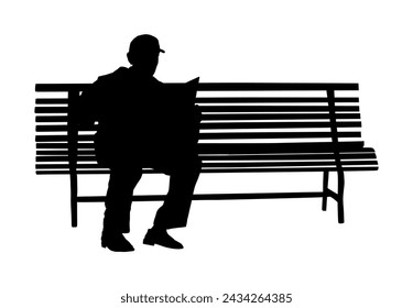 Pensioner reading newspapers on the bench in park vector silhouette isolated on white background. Senior lonely man relaxing outdoor. Retail mature veteran. Grandpa in public, free time, waiting lunch