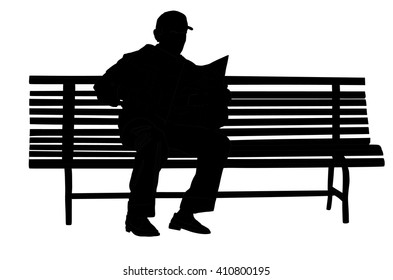 Pensioner reading newspapers on the bench in park vector silhouette isolated on white background. Senior lonely man relaxing outdoor. Retail mature veteran. Grandpa in public, free time, waiting lunch