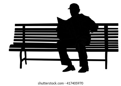 Pensioner reading newspapers on the bench in park vector silhouette isolated on white background. Senior lonely man relaxing outdoor. Retail mature veteran. Grandpa in public, free time, waiting lunch