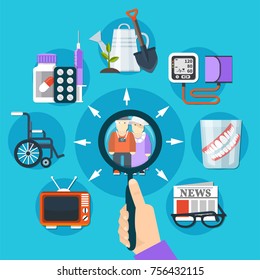 Pensioner research composition with magnifier in hand someone considers the life of retired people vector illustration