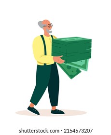 Pensioner Retired Old,Wealth and Retirement Concept.Senior Man with Huge Pile of Banknotes.Investment Growth,Investor with Money,Single Male Character Budget Savings.Cartoon People Vector Illustration