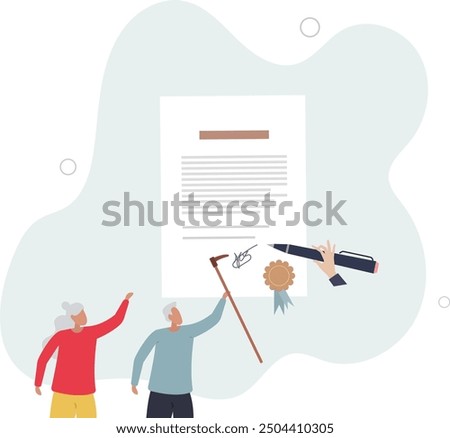 Pensioner retirement document about wealth inheritance with official document and official testamentary .flat design with people.