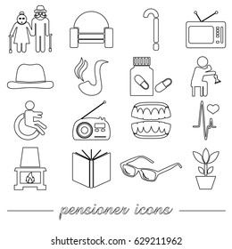 Pensioner Senior Citizen Theme Set Of Outline Icons Eps10