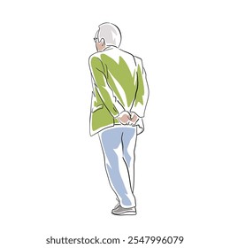 Pensioner, senior man walking, abstract isolated line art vector illustration. Dignified old age