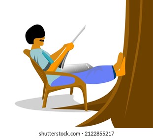 Pensioner sitting in a chair reading a newspaper. Flat design vector illustration.