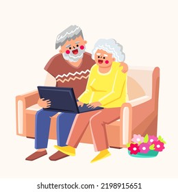 pensioner sofa laptop vector. computer home, elderly happy, old online woman, technology internet, senior retired pensioner sofa laptop character. people flat cartoon illustration