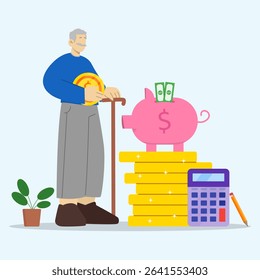Pensioner standing and bring coin with piggy bank, stack of coins and calculator near him. Concept of pension savings, insurance pension and funded pension. 