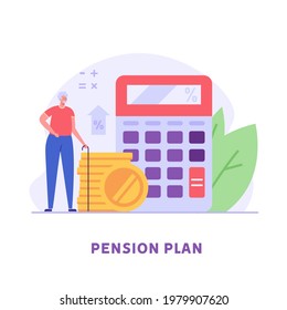 Pensioner standing next to a calculator and coins. Concept of pension savings, insurance pension, funded pension, investments. Vector illustration in flat design