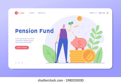 Pensioner standing next to a piggy bank and coins. Concept of pension savings, insurance pension, pension fund, investments. Vector illustration in flat design