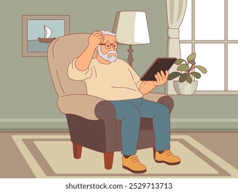 Pensioner studies tablet operation. Senior uses gadget in room, elderly man sitting in armchair and chatting, mastering electronic device, cartoon flat style vector technology concept