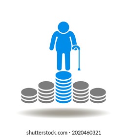 Pensioner symbol with coins stack vector illustration. Retirement icon. Pensioner money savings sign.