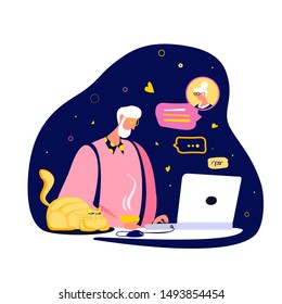 Pensioner texting his old lady in his chat using a laptop. Granddad mastering the computer and Internet. Virtual chat and correspondence. SMS messaging icons. Cosy atmosphere. Flat vector illustration