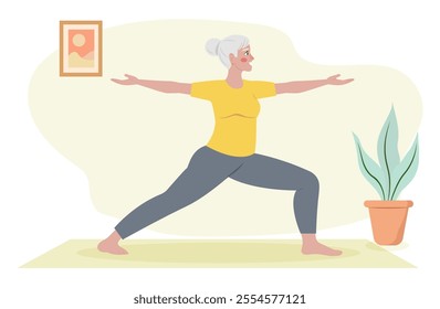 Pensioner woman doing yoga at home. Active lifestyle. Vector illustration on a white background.