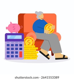 Pensioner woman sitting on sofa and bring coin with piggy bank, stack of coins and calculator near her. Concept of pension savings, insurance pension and funded pension.