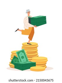 Pensioner Woman,Wealth, Stability Retirement Concept.Senior Woman with Huge Pile of Banknotes Standing on gold Coins.Investment Growth Money,Single Female Character Budget Savings.Vector Illustration