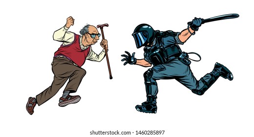 pensioners against the police. riot police with a baton. Pop art retro vector illustration drawing