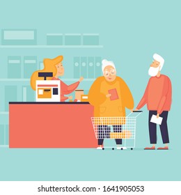 Pensioners buy products in the store. Cashier at the checkout. Flat design vector illustration.