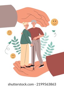 Pensioners with caring hands. Protected elderly couple, grandparents. Comfort and coziness for family. Medical poster or banner, insurance. Love and support. Cartoon flat vector illustration