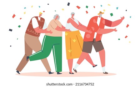 Pensioners Characters Dance in Row, Old People Stand in Line Dancing Conga with Confetti Falling Down. Elderly Men and Women Group Spend Time Together Having Fun Together. Cartoon Vector Illustration