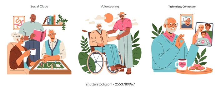 Pensioners coping with loneliness concept. Seniors engage in social clubs, volunteering, and technology to stay connected. Vector illustration.