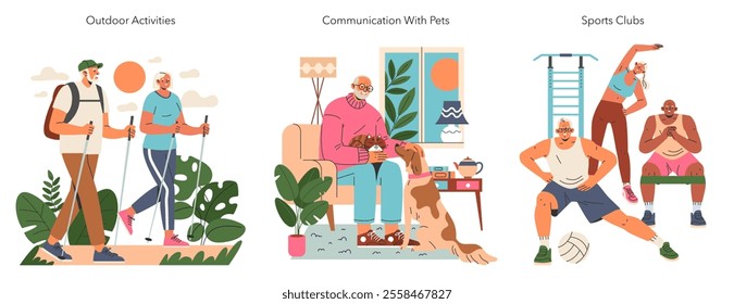 Pensioners Coping with Loneliness set. Engaging in outdoor walks, bonding with pets, and participating in sports clubs. Social integration for the elderly. Vector illustration.