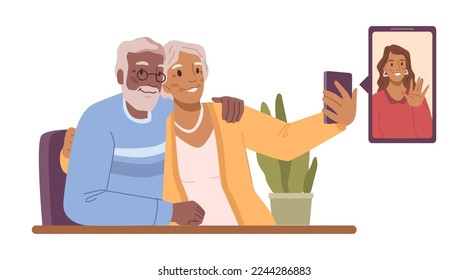 Pensioners couple using smartphone to talk online via video call. Isolated senior people with modern technologies and gadgets. Flat cartoon character vector