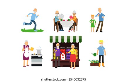 Pensioners Daily Activity In Different Actions Vector Illustration Set Isolated On White Background