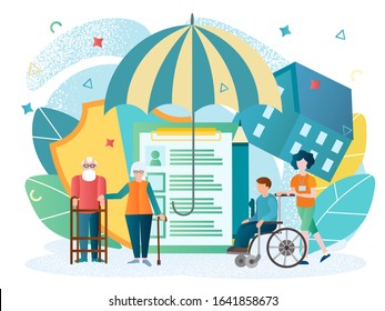 Pensioners, disabled people, people with disabilities in need of social assistance and protection concept vector illustration. Symbols of safety and protection of health, property, real estate 