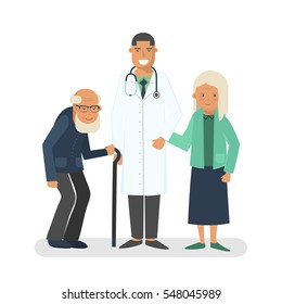 Pensioners with doctor vector illustration. Old man and lady with doctor. Care for the elderly concept illustration.