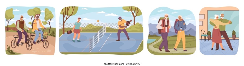 Pensioners doing sports and leading active lifestyle. Riding bicycle and playing tennis, hiking and taking dance classes with partner. Vector old people in flat style
