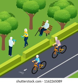 Pensioners during outdoor activity bicycle riding fitness and lonely elderly man sitting on bench isometric vector illustration