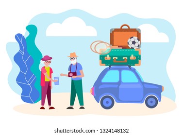 Pensioners are going to travel by car, suitcases, soccer ball and badminton rackets on the roof of the car an Elderly man with a camera and his wife with tourist brochures in hand