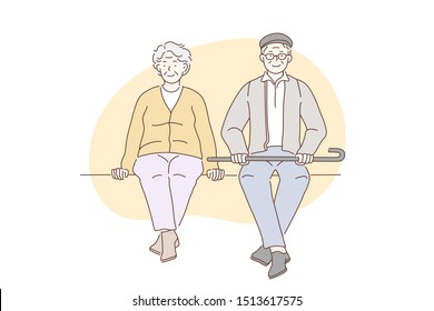 Concepto de jubilados, abuelos, personas mayores. Hombres y mujeres mayores felices disfrutan sentados en parques. La pareja de ancianos se sienta a esperar a conocer nietos. Gente enamorada. Simple vector plano.