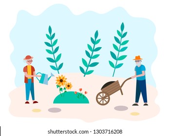 Pensioners are grown in the club colors. Spending time in old age. Leisure in retirement. Vector illustration for social media marketing, posters, presentations.