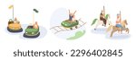 Pensioners having fun. Cheerful aged people driving bumper cars. Two elderly couples enjoying rollercoaster and merry-go-round ride. Set of flat vector illustrations