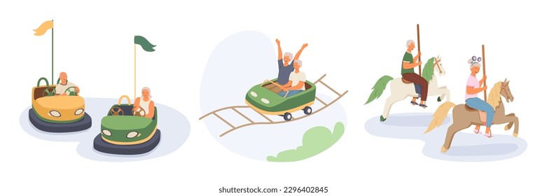 Pensioners having fun. Cheerful aged people driving bumper cars. Two elderly couples enjoying rollercoaster and merry-go-round ride. Set of flat vector illustrations