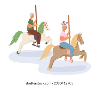 Pensioners having fun. Elderly couple enjoying merry-go-round ride in park. Happy and modern pensioners having fun. Active senior adults concept. Flat vector illustration in green colors