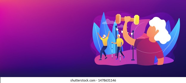 Pensioners healthy lifestyle. Aged woman training, working out, lifting weights. Elder fitness, sport for old people, elder sporting goods concept. Header or footer banner template with copy space.