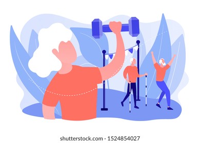 Pensioners healthy lifestyle. Aged woman training, working out, lifting weights. Elder fitness, sport for old people, elder sporting goods concept. Pinkish coral bluevector isolated illustration